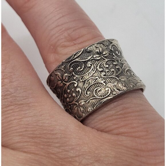 Sterling Silver 925 Scroll Floral Wide Band Ring - Picture 2 of 9